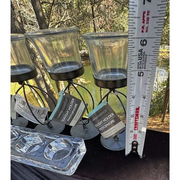 4 Greenbrier Int. Black Metal & Heavy Clear Glass Candle Holders Brand New -A29 - Picture 10 of 12